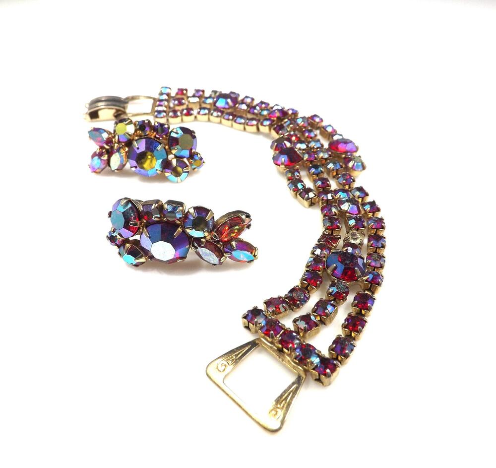 Red Aurora Borealis Bracelet Clip Earrings Set, 1960s Vintage Jewelry